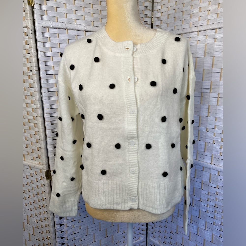 NWT Hem & Thread Cardigan PomPom Polka Dot Button Down Sweater White and Black - Picture 3 of 9